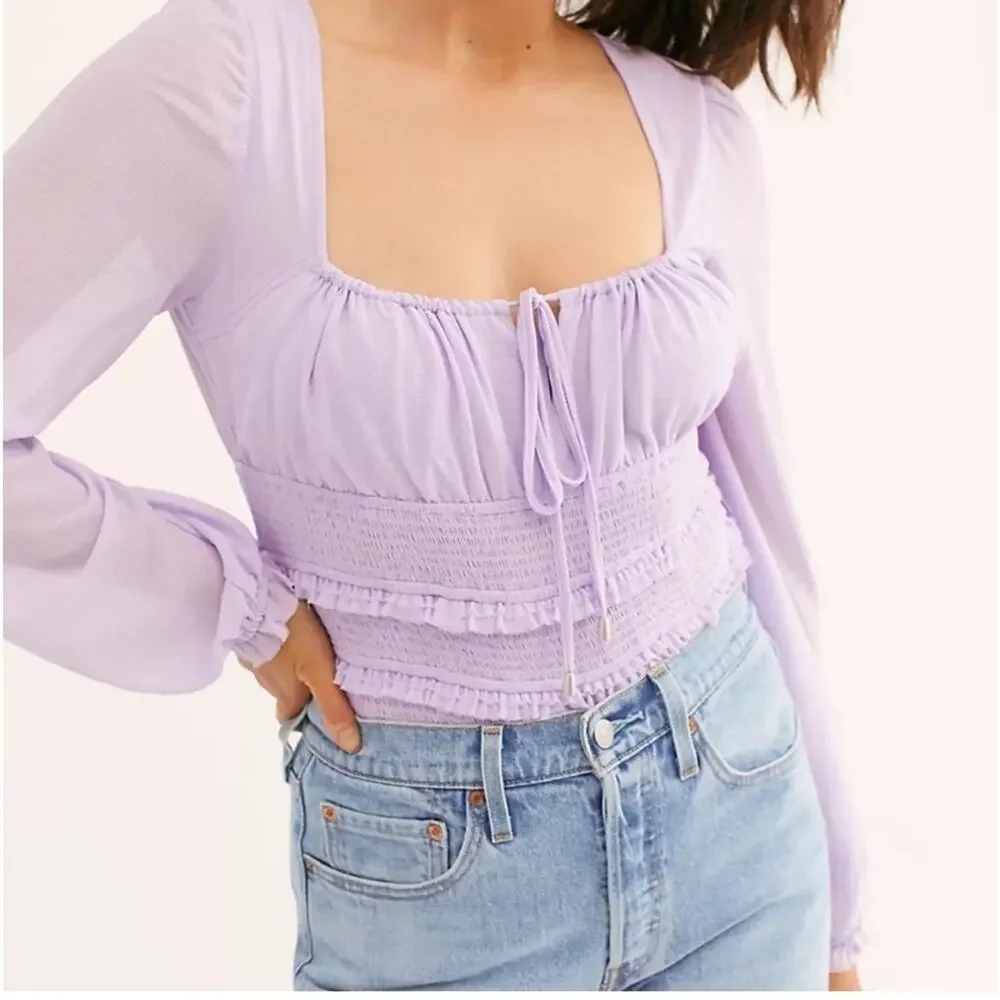 Free People Lolita Lavender Purple Smocked Boho Cottagecore Fairy Top Size L